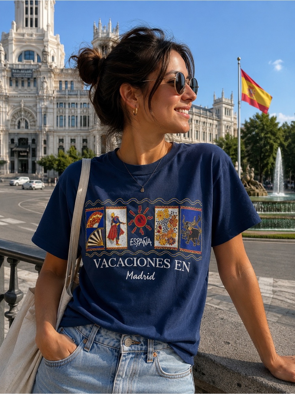 Vintage Sajon Vacaciones En Madrid España Tee Blue Souvenir Shirt Size Large